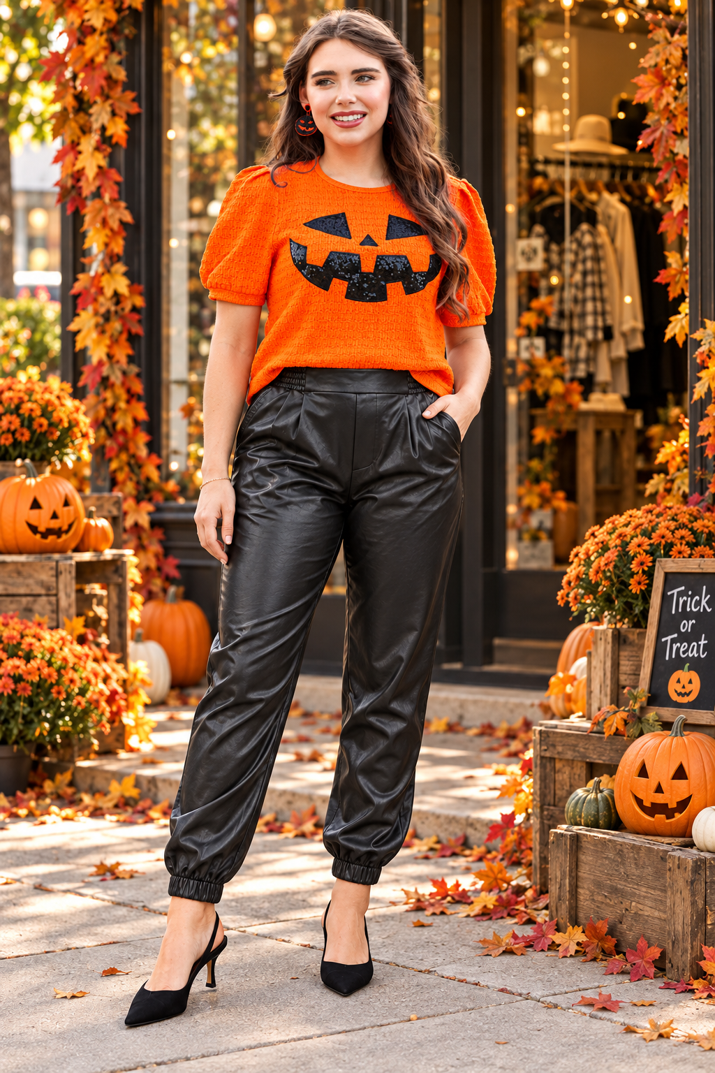 Sequined Pumpkin Face Halloween Pumpkin Top With Puff Sleeves