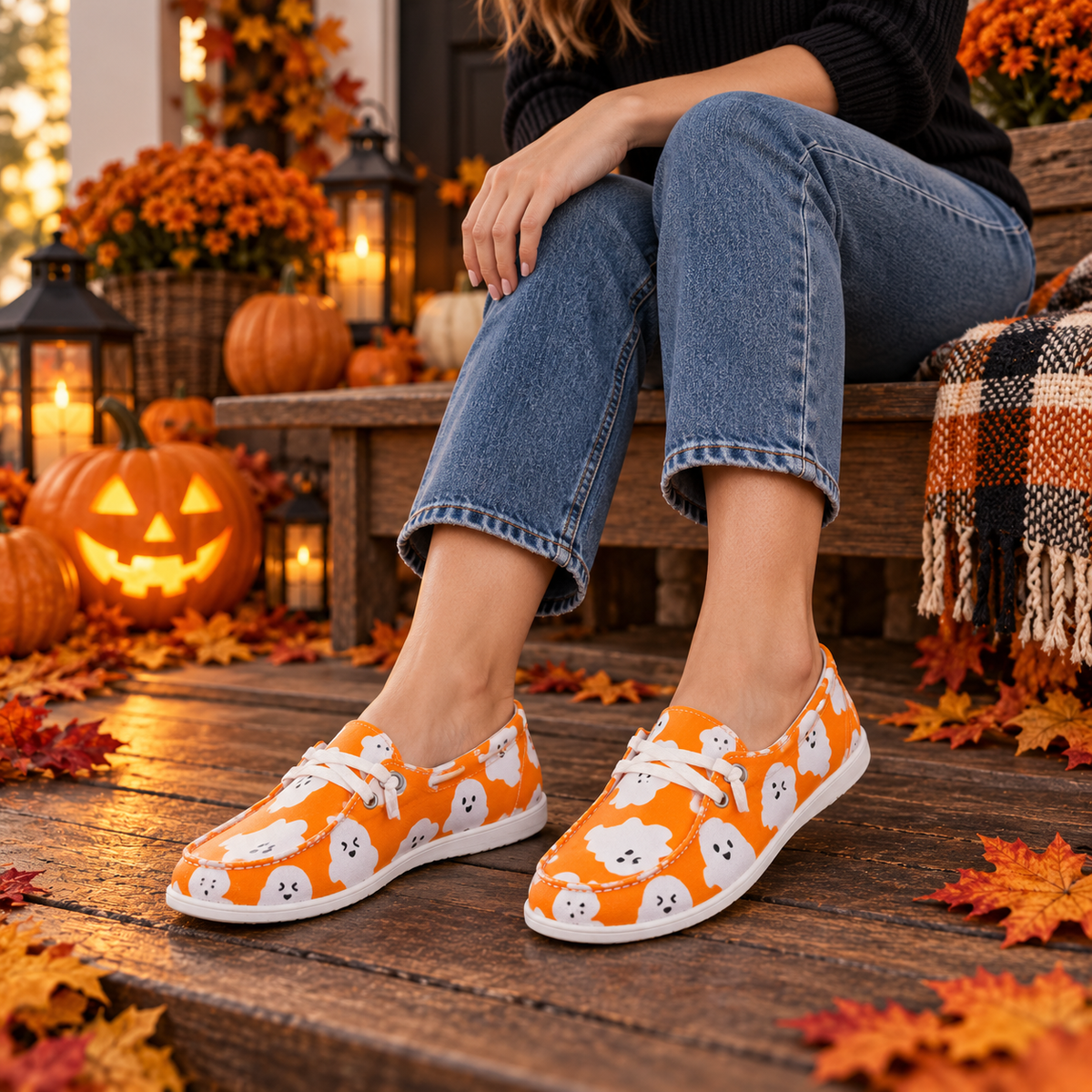 Orange Happy Ghost Lace-Up Sneakers