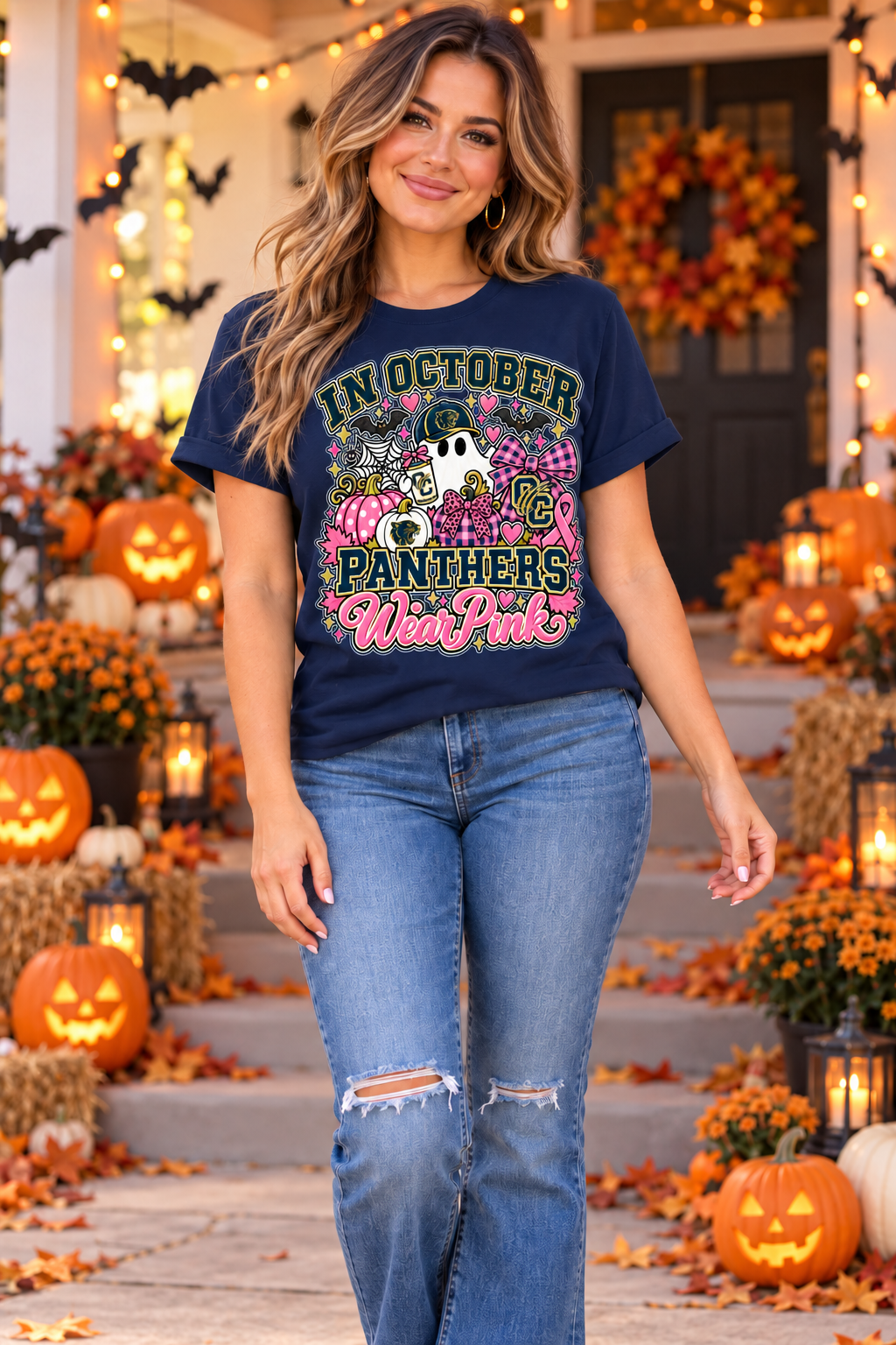In October Panthers Wear Pink Canvas T-Shirt with Bling Accents