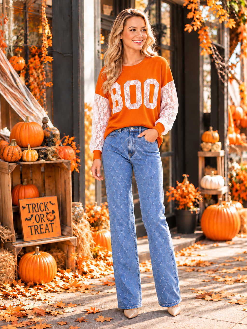 Boo Embroidered Lace Long Sleeve Top