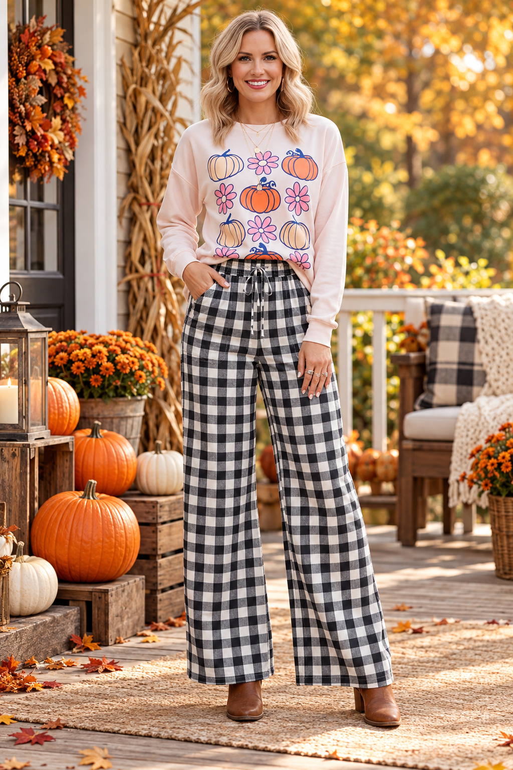 Blue Gingham Plaid Tie Elastic Waist Shift Pants