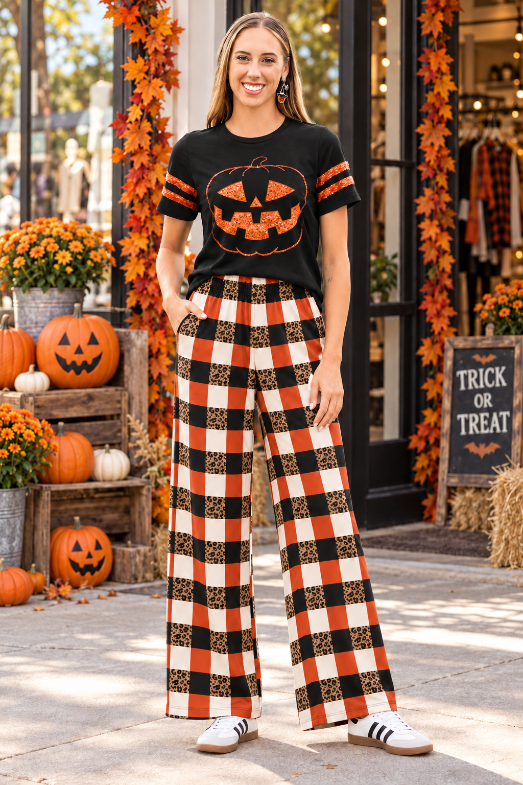 Halloween Sequin Pumpkin Face and Striped Sleeve Top