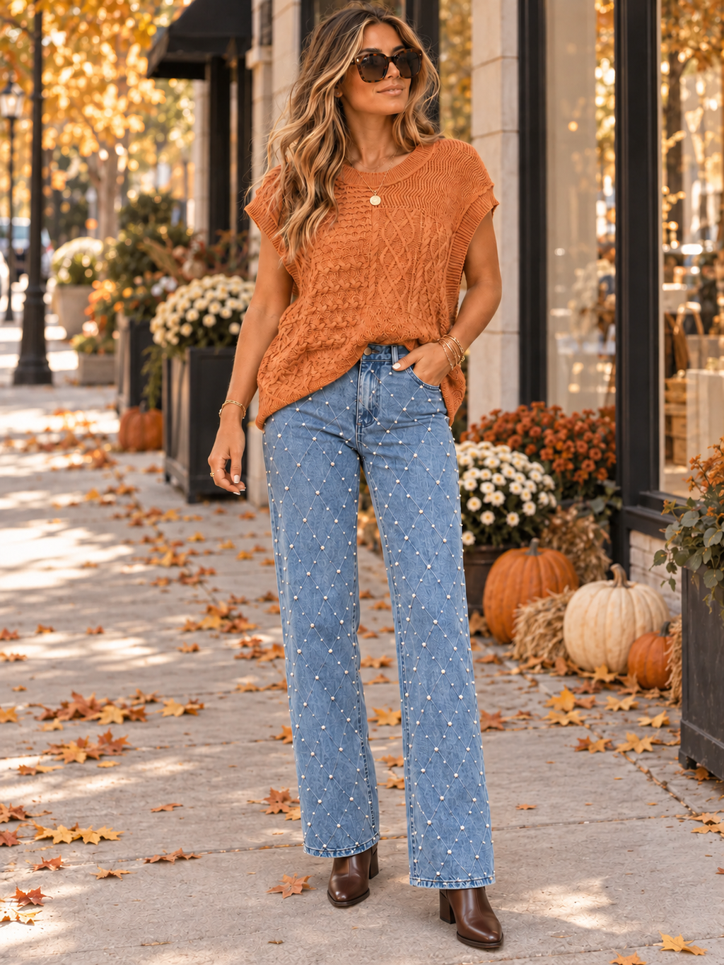 Pearl & Stone Embellished Wide-Leg Jeans