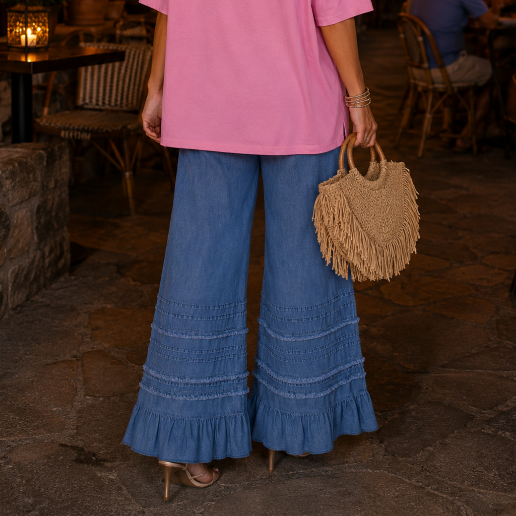 Dusk Blue Ruffled Hem Wide Leg Chambray Pants
