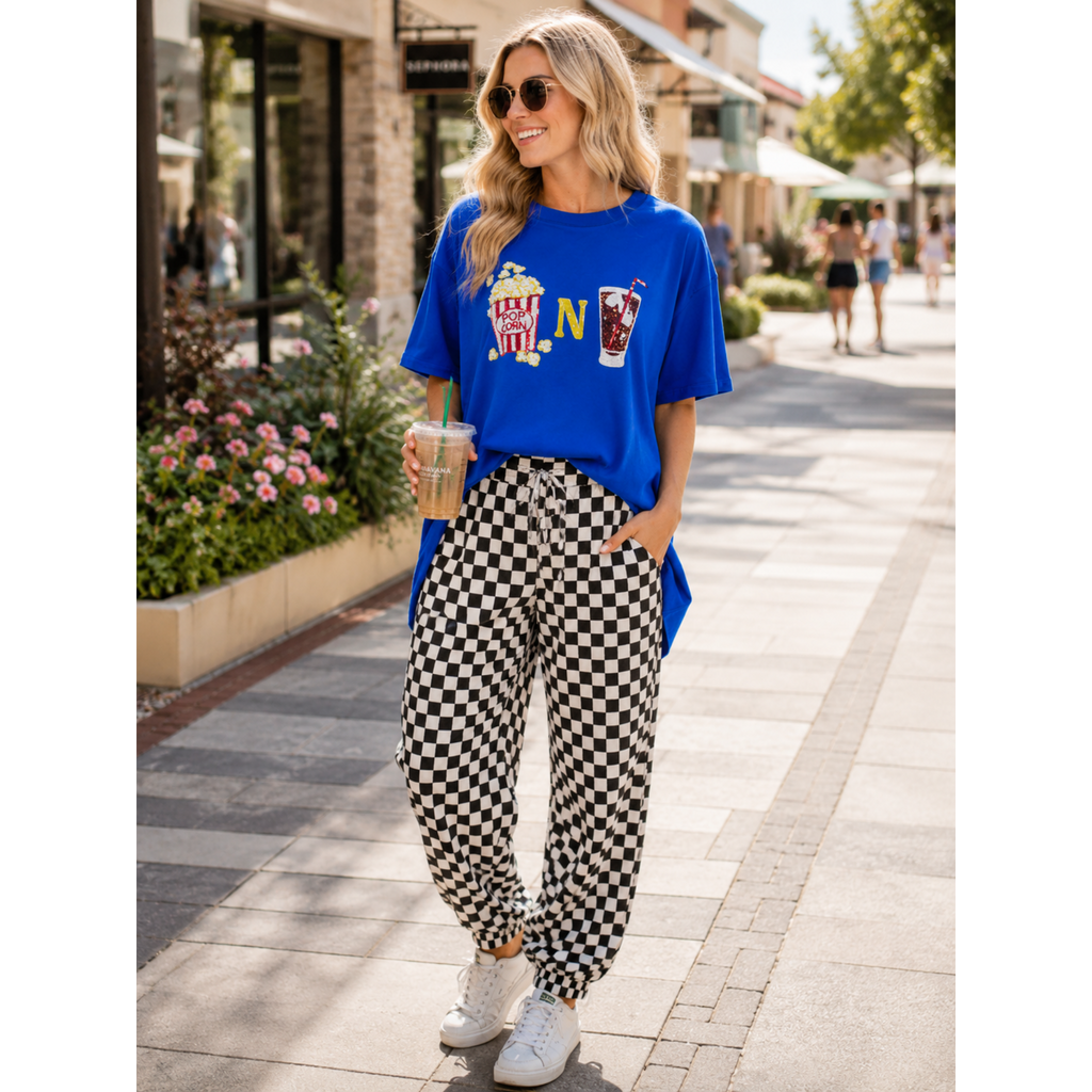 Women's Short Sleeve Sequins & Pearls Popcorn N Soda Graphic Oversized High Low T-Shirt