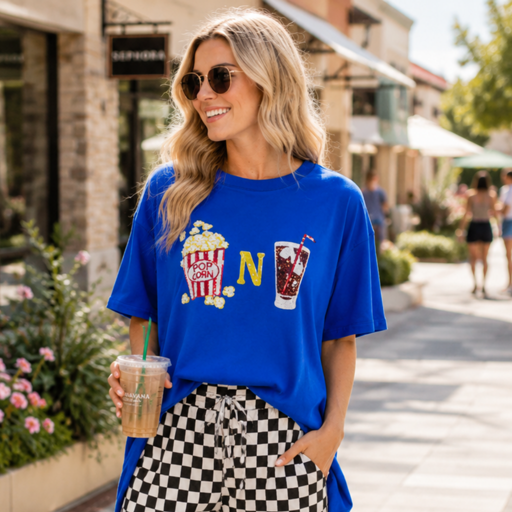 Women's Short Sleeve Sequins & Pearls Popcorn N Soda Graphic Oversized High Low T-Shirt