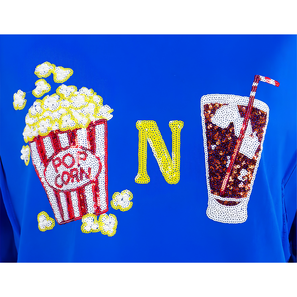 Women's Short Sleeve Sequins & Pearls Popcorn N Soda Graphic Oversized High Low T-Shirt