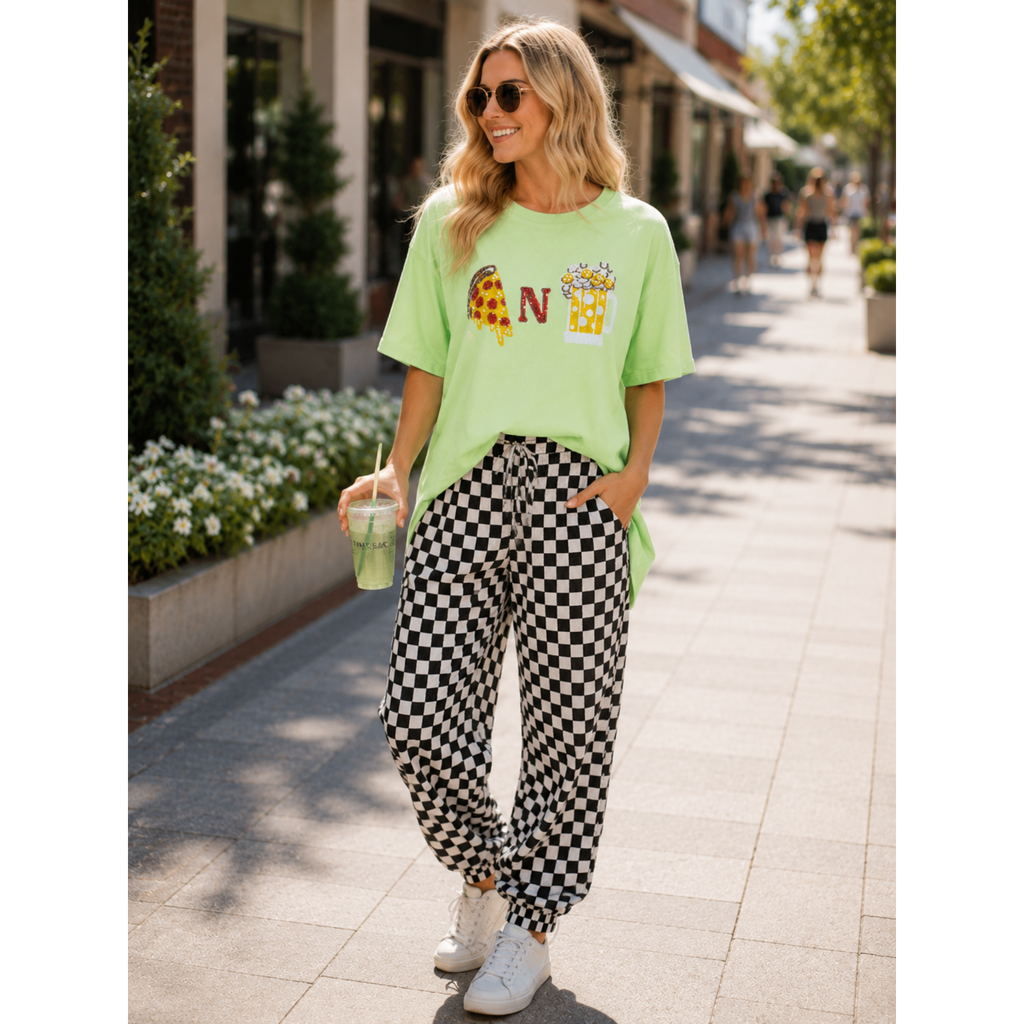 Women's Short Sleeve Sequins & Pearls Pizza N Beer Graphic Oversized High Low T-Shirt