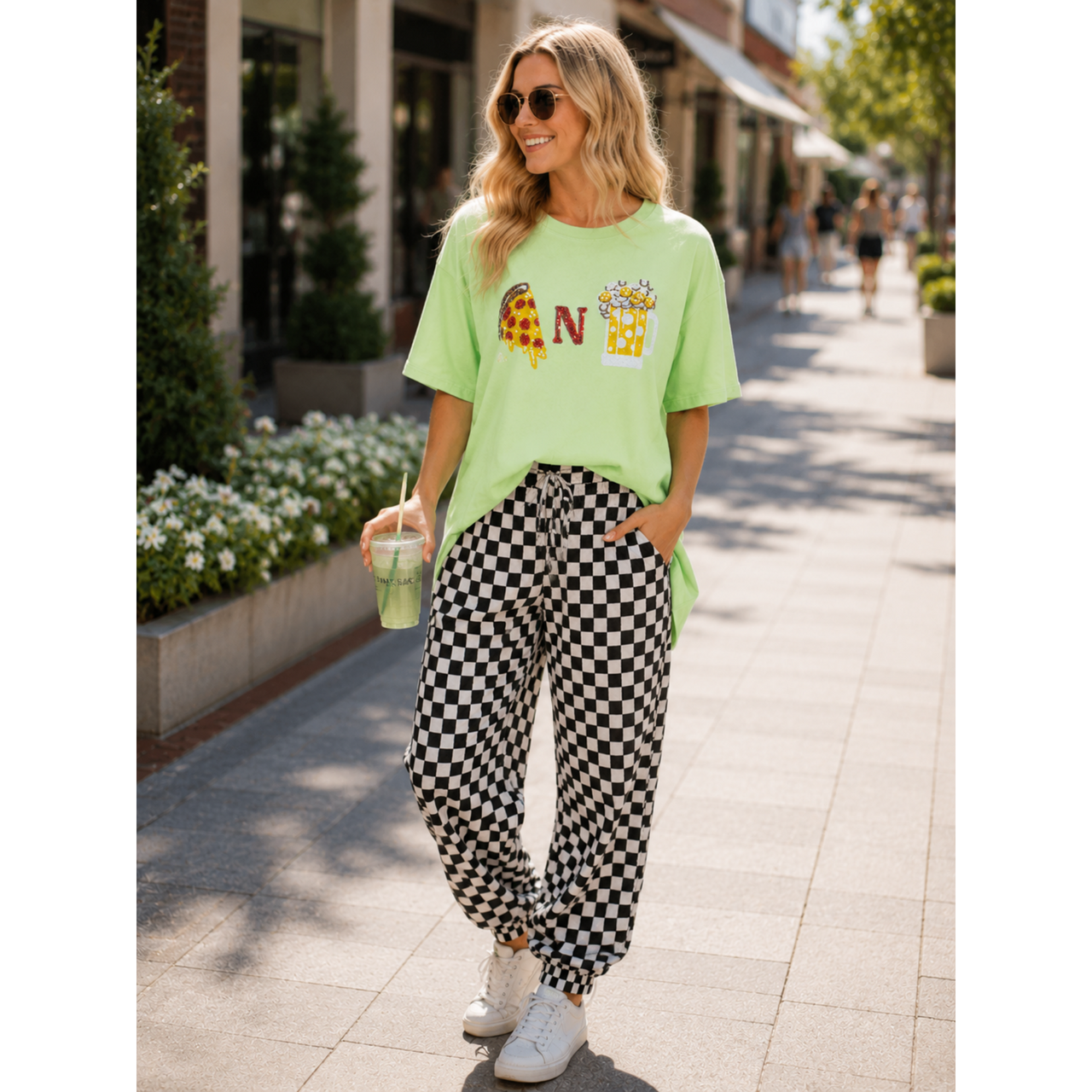 Women's Short Sleeve Sequins & Pearls Pizza N Beer Graphic Oversized High Low T-Shirt
