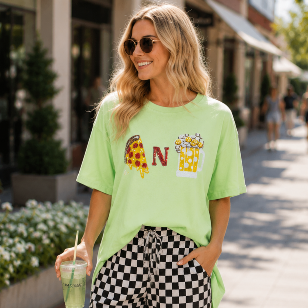 Women's Short Sleeve Sequins & Pearls Pizza N Beer Graphic Oversized High Low T-Shirt