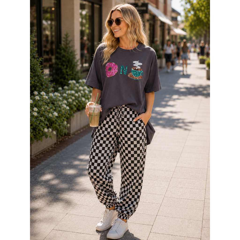 Women's Short Sleeve Sequins Donuts N Coffee Graphic Oversized High Low T-Shirt