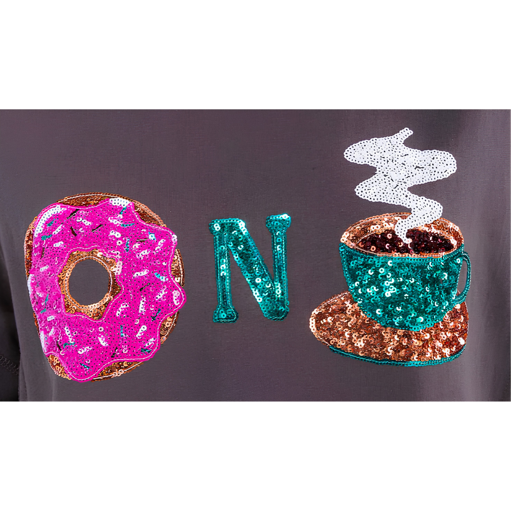 Women's Short Sleeve Sequins Donuts N Coffee Graphic Oversized High Low T-Shirt