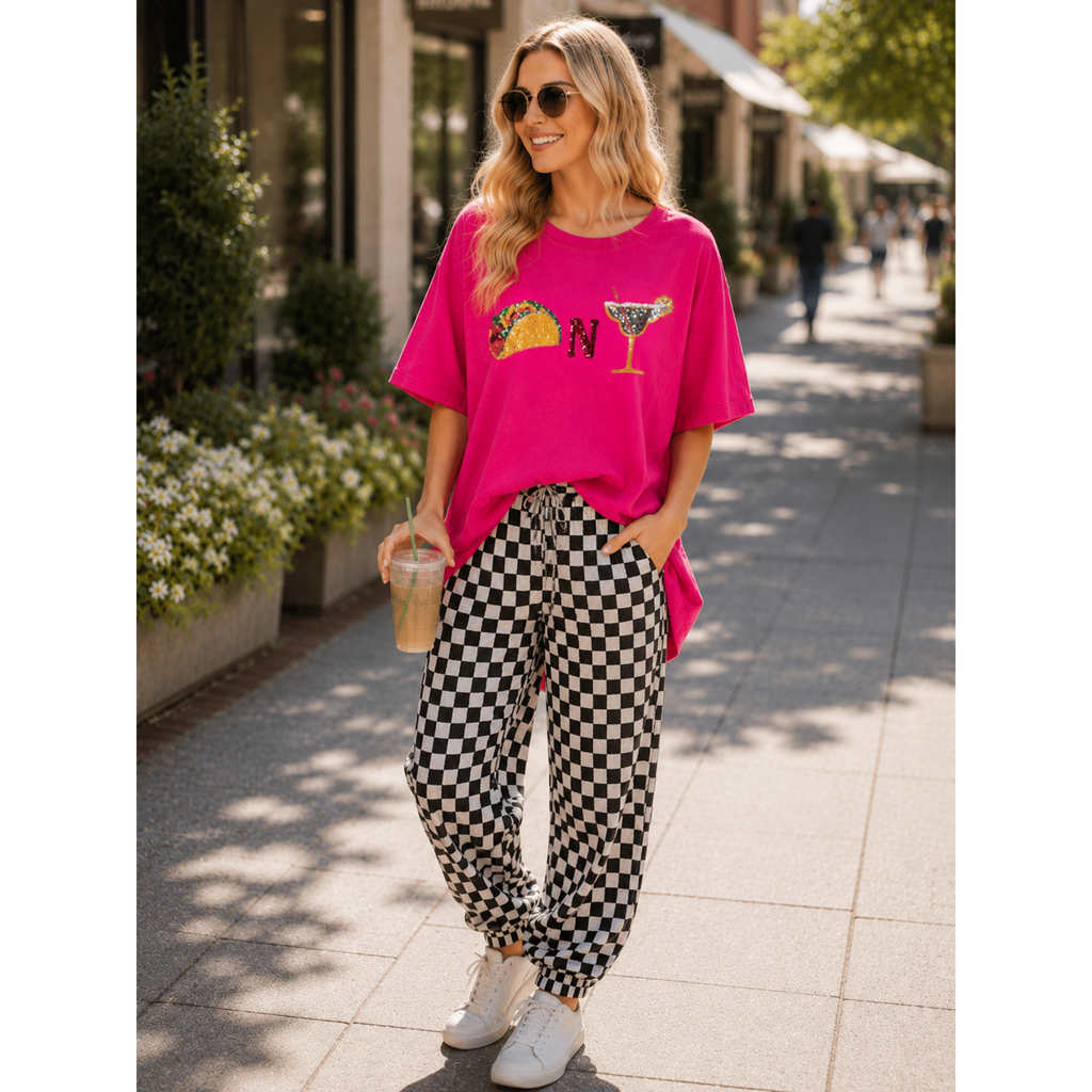 Women's Short Sleeve Sequins Tacos N Margs Graphic Oversized High Low T-Shirt