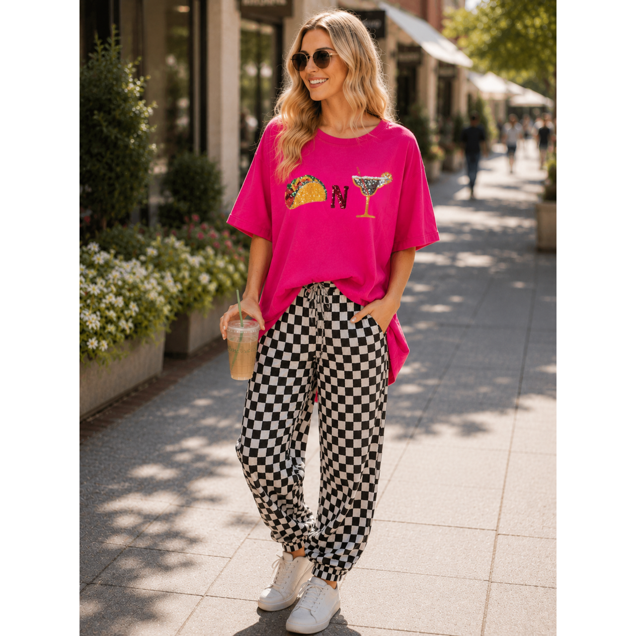Women's Short Sleeve Sequins Tacos N Margs Graphic Oversized High Low T-Shirt