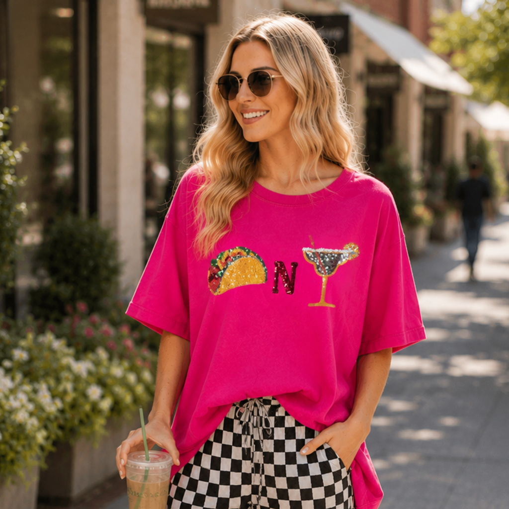 Women's Short Sleeve Sequins Tacos N Margs Graphic Oversized High Low T-Shirt