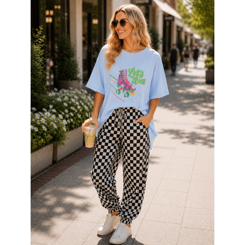 Women's Short Sleeve Sequins Let's Roll Graphic Oversized High Low T-Shirt