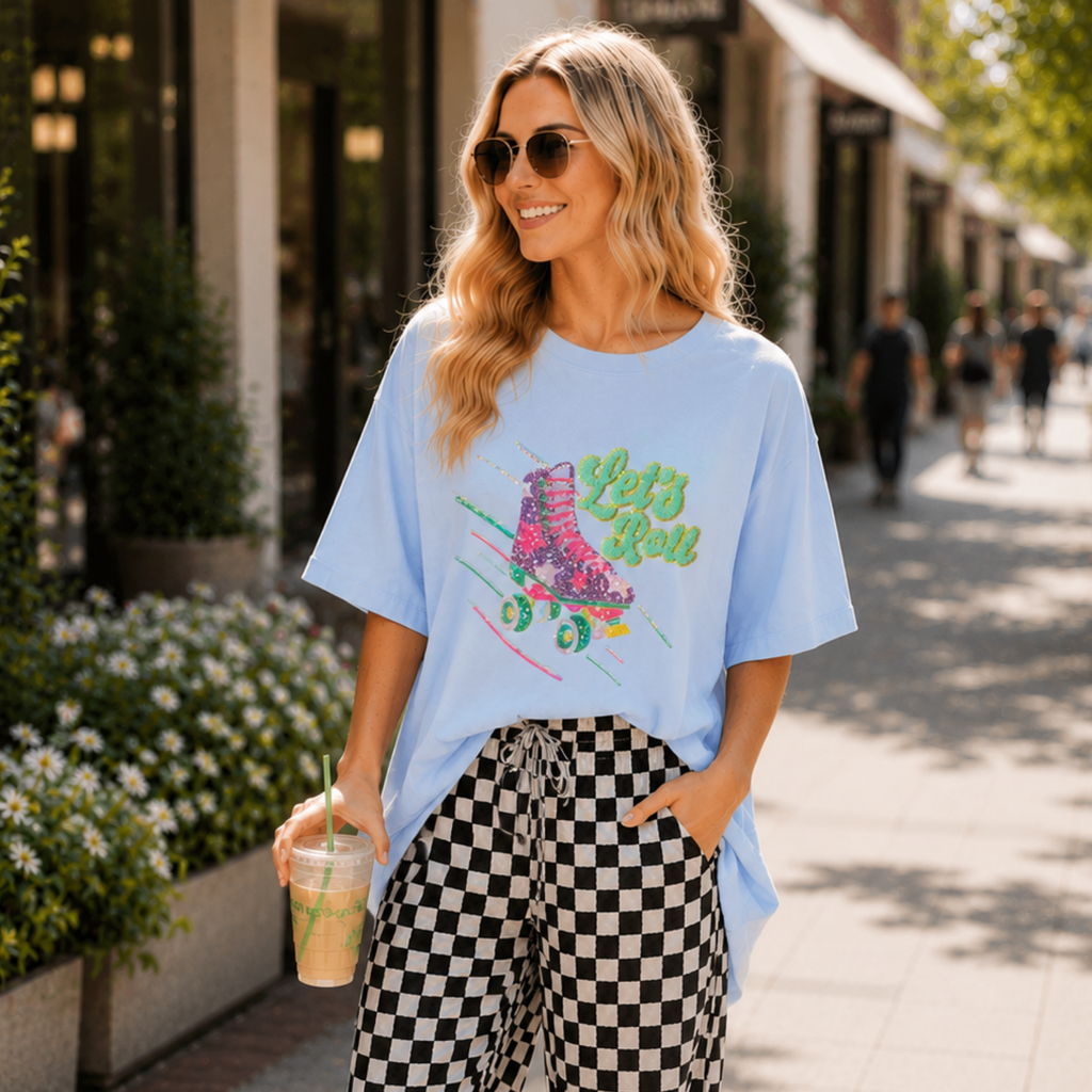 Women's Short Sleeve Sequins Let's Roll Graphic Oversized High Low T-Shirt