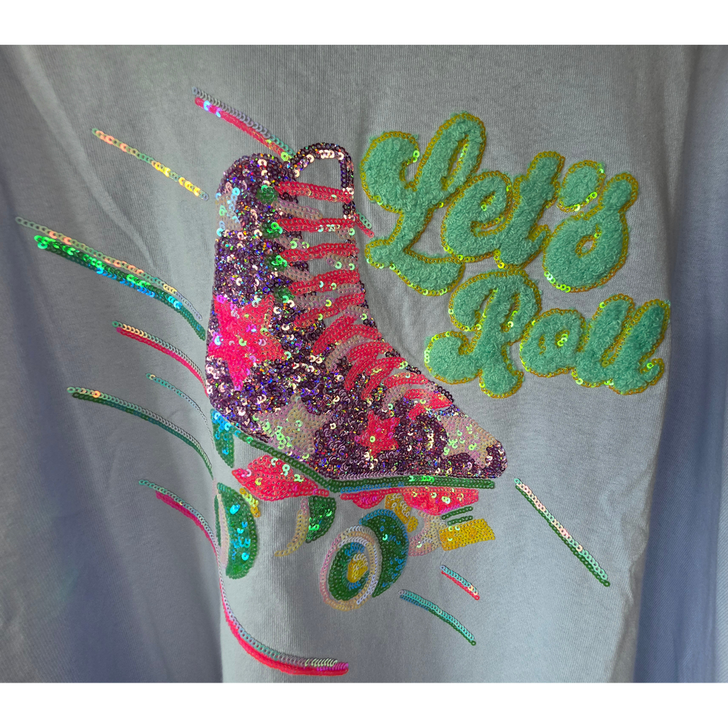 Women's Short Sleeve Sequins Let's Roll Graphic Oversized High Low T-Shirt
