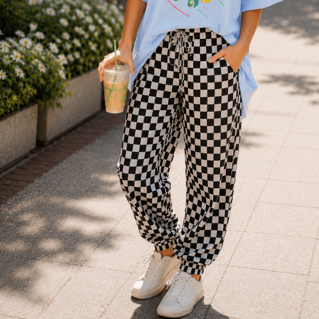 Black & White Checkered Balloon Jogger Pants with Pockets
