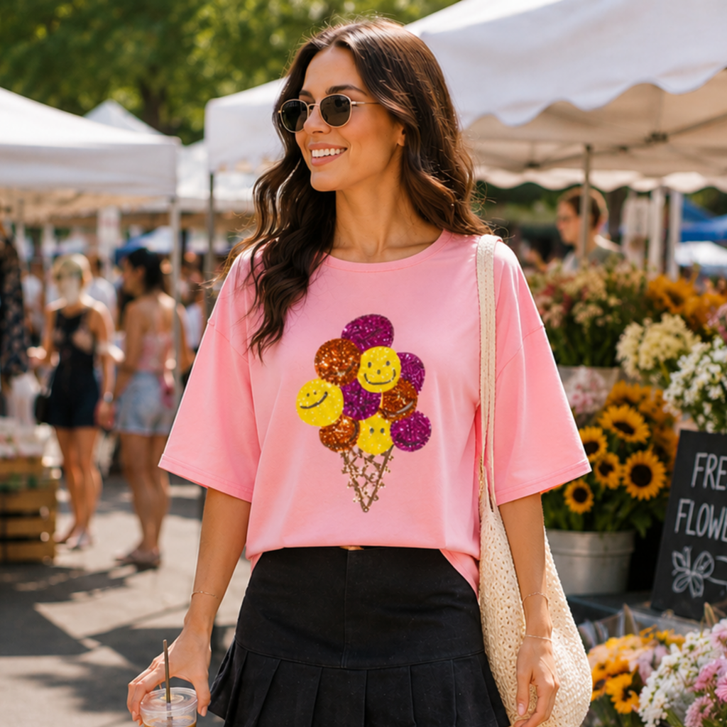Women's Short Sleeve Sequins Smiley Ice Cream Graphic Oversized T-Shirt