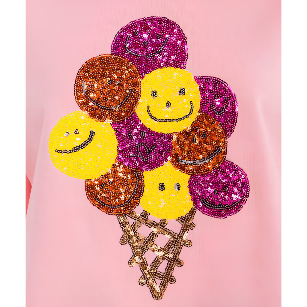Women's Short Sleeve Sequins Smiley Ice Cream Graphic Oversized T-Shirt
