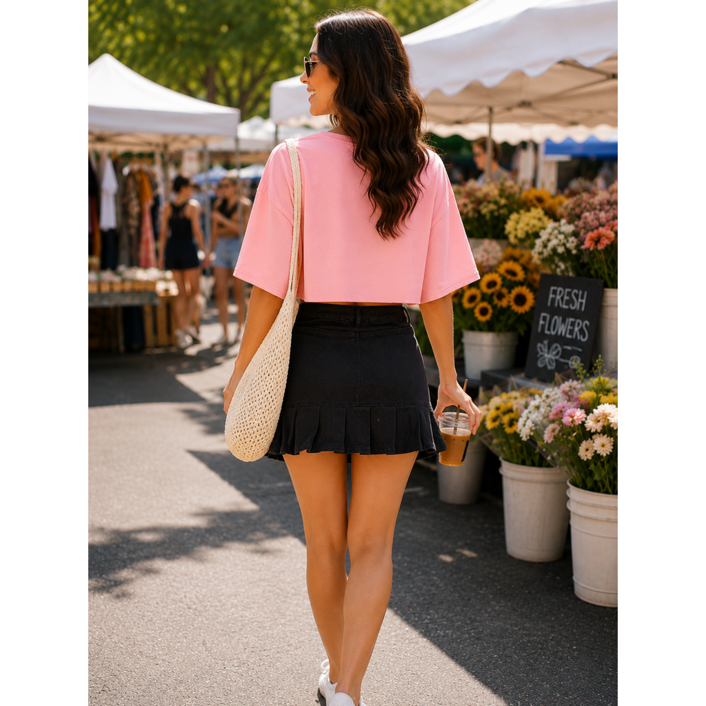 Women's Button Closure Pleated Black Denim Mini Skirt