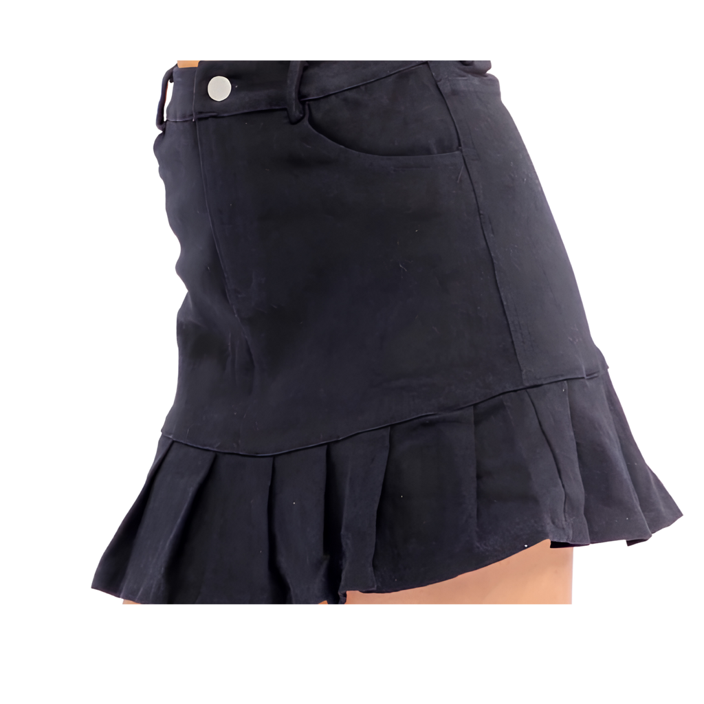 Women's Button Closure Pleated Black Denim Mini Skirt