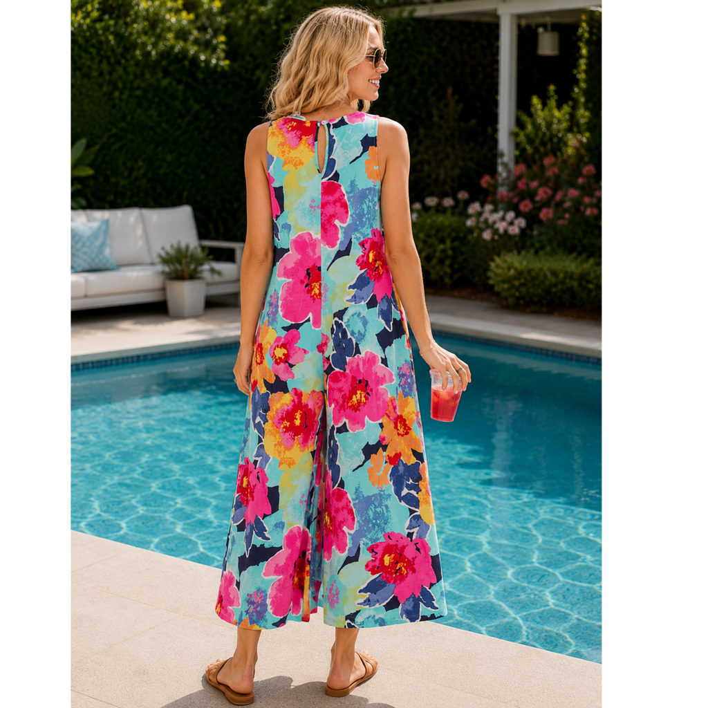 Women's Sleeveless V-Neck Front Pockets Wide Leg  Floral Jumpsuit