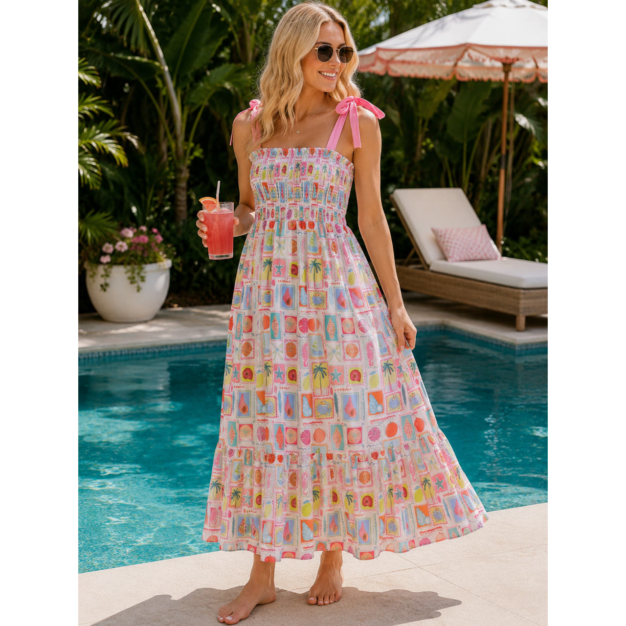 Women's Pink Enjoy The Beach Smocked Dress