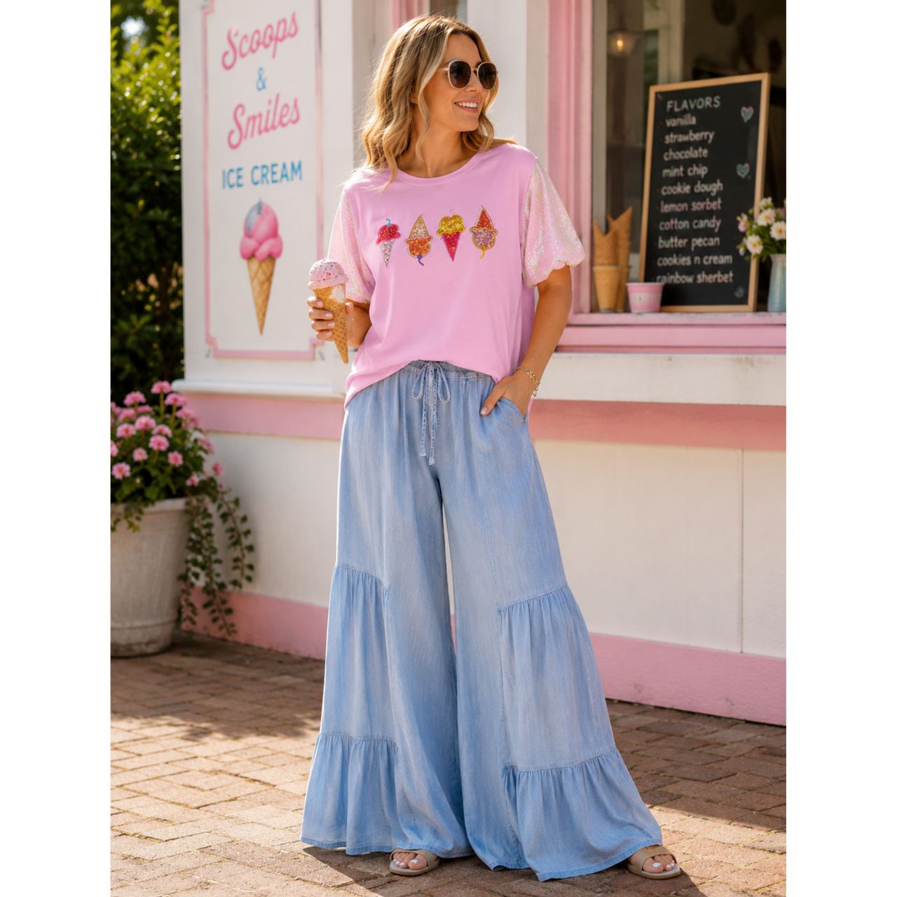 Women's Jeans Light Wash Tiered Ruffle Wide Leg Pant