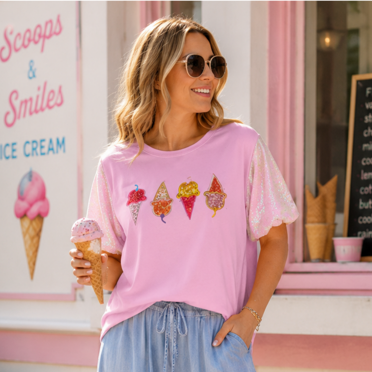 Women's Pink Sequin Puff Short Sleeves Ice Cream Patch Shirt