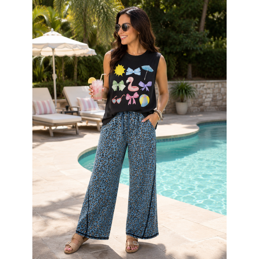 Blue Leopard Print Exposed Seam Detail Wide Leg Drawstring Jeans