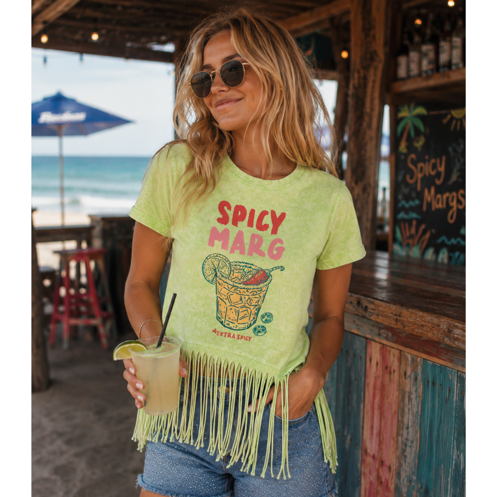 Spicy Marg Extra Spicy Neon Green Fringe Shirt with Bling Accents