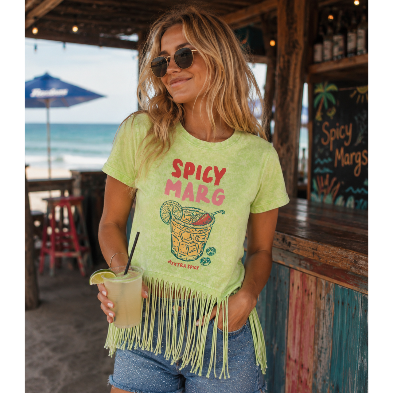 Spicy Marg Extra Spicy Neon Green Fringe Shirt with Bling Accents