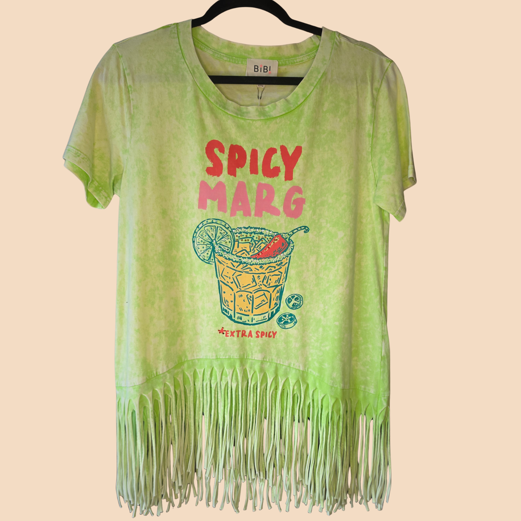 Spicy Marg Extra Spicy Neon Green Fringe Shirt with Bling Accents