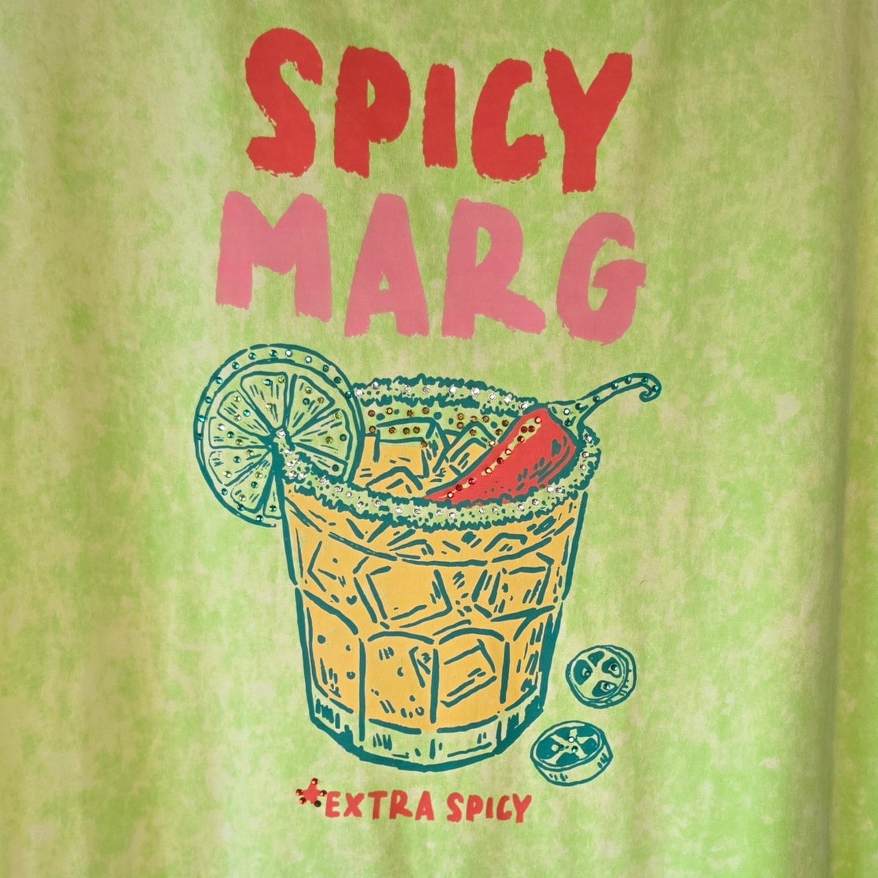 Spicy Marg Extra Spicy Neon Green Fringe Shirt with Bling Accents