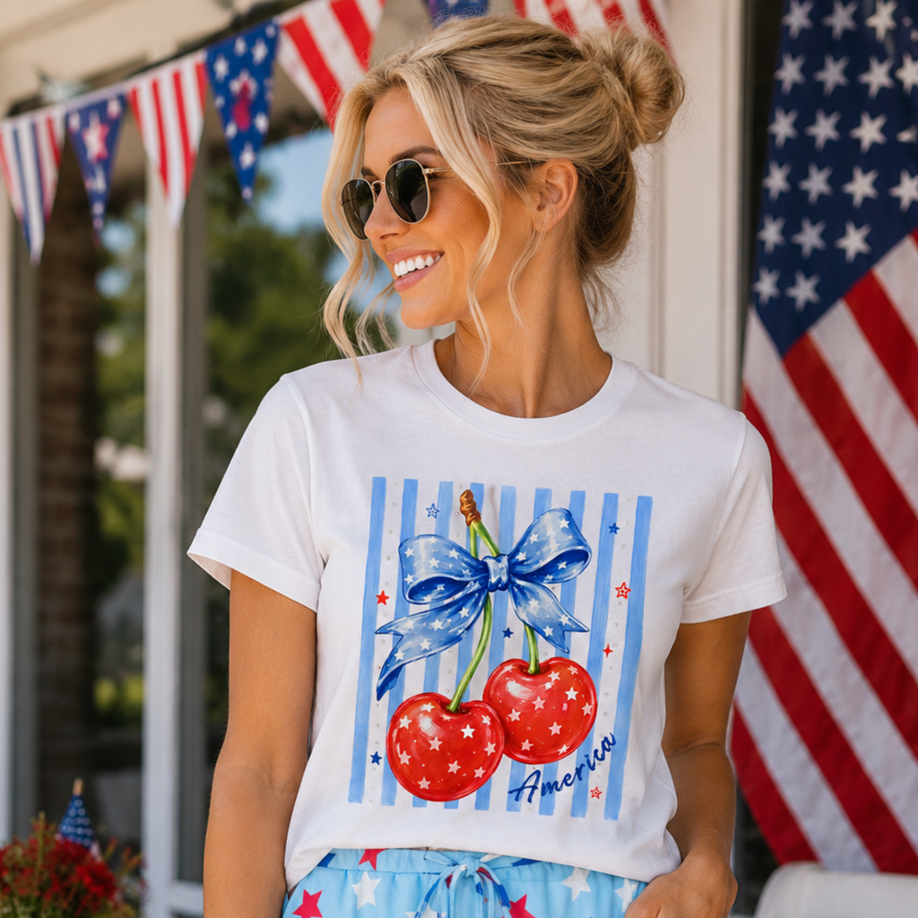 America Striped Cherry Bling Accents Gildan T-Shirt