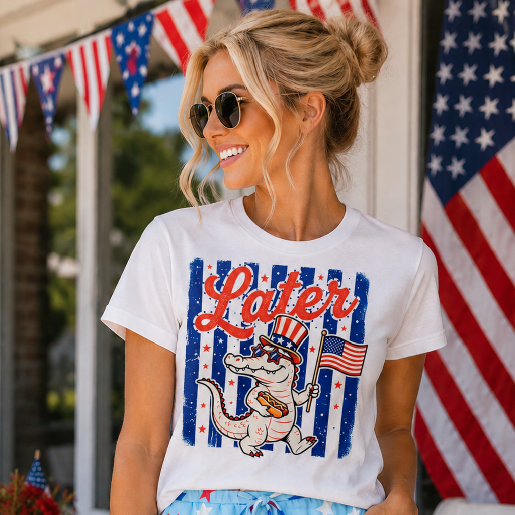 Later Fourth of July Gator Bling Accents Gildan T-Shirt