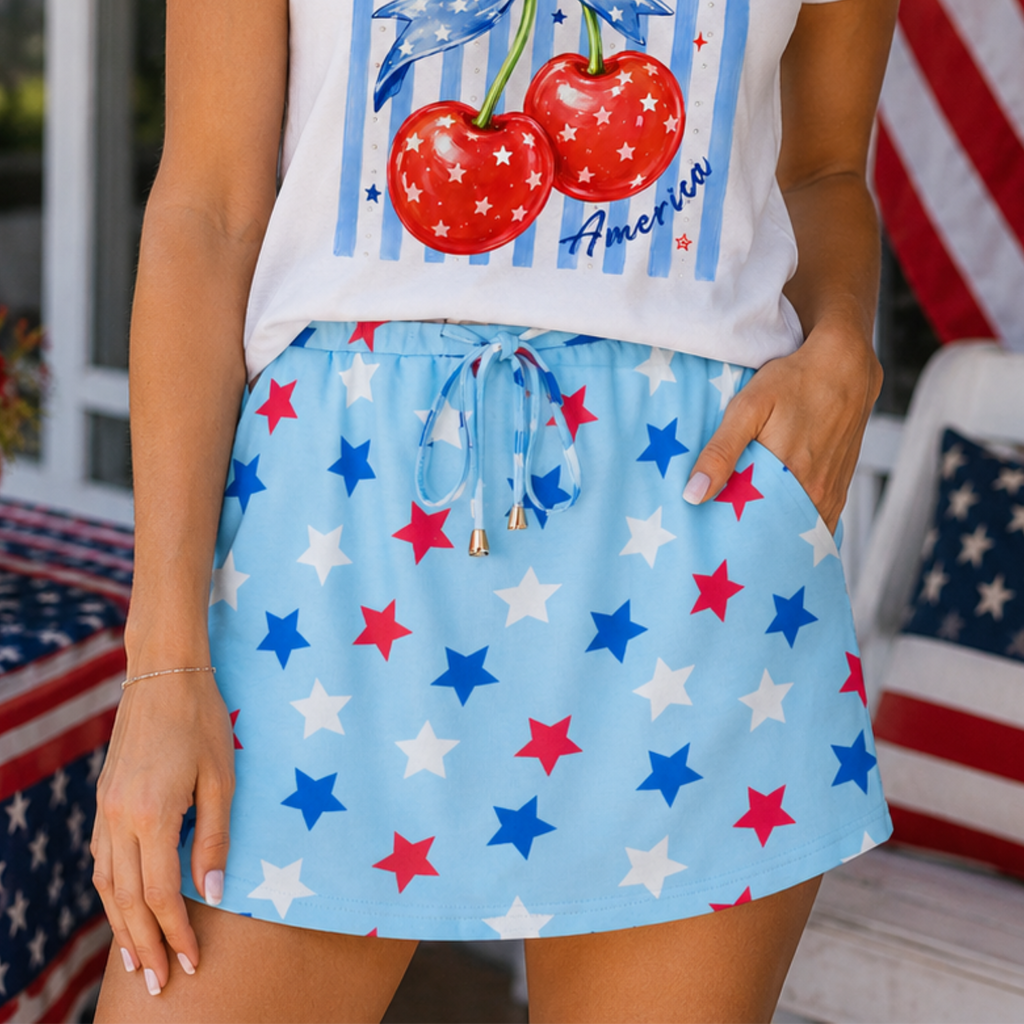 Sky Blue Patriotic Star Printed Beaded Drawstring Mini Skort