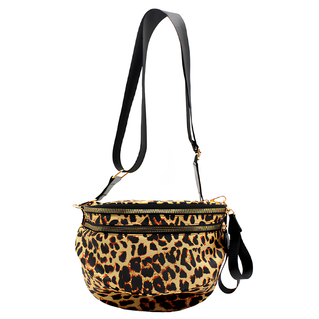 Dual Zip Pocket Leopard Brown Crossbody Bag