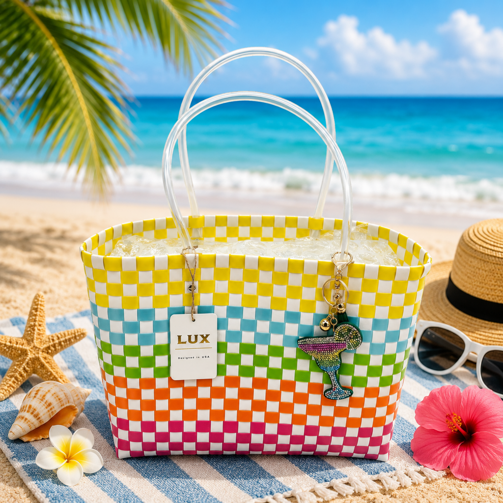 Checkered Basket Weave Tote Bag White Multi-colored with Margarita Bling Charm