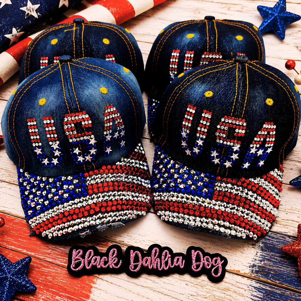 Women's Assorted USA Studs Denim Washed Adjustable Strap Baseball Cap