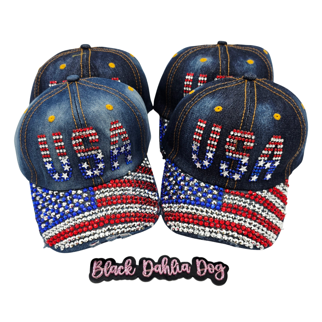 Women's Assorted USA Studs Denim Washed Adjustable Strap Baseball Cap