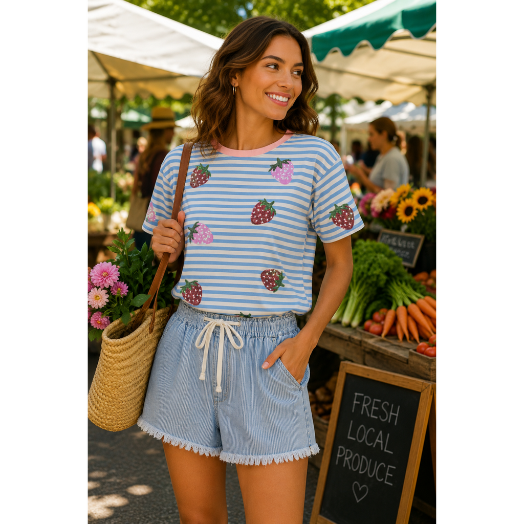 Sky Blue Stripe Raw Edge Drawstring Elastic Waist Casual Denim Shorts