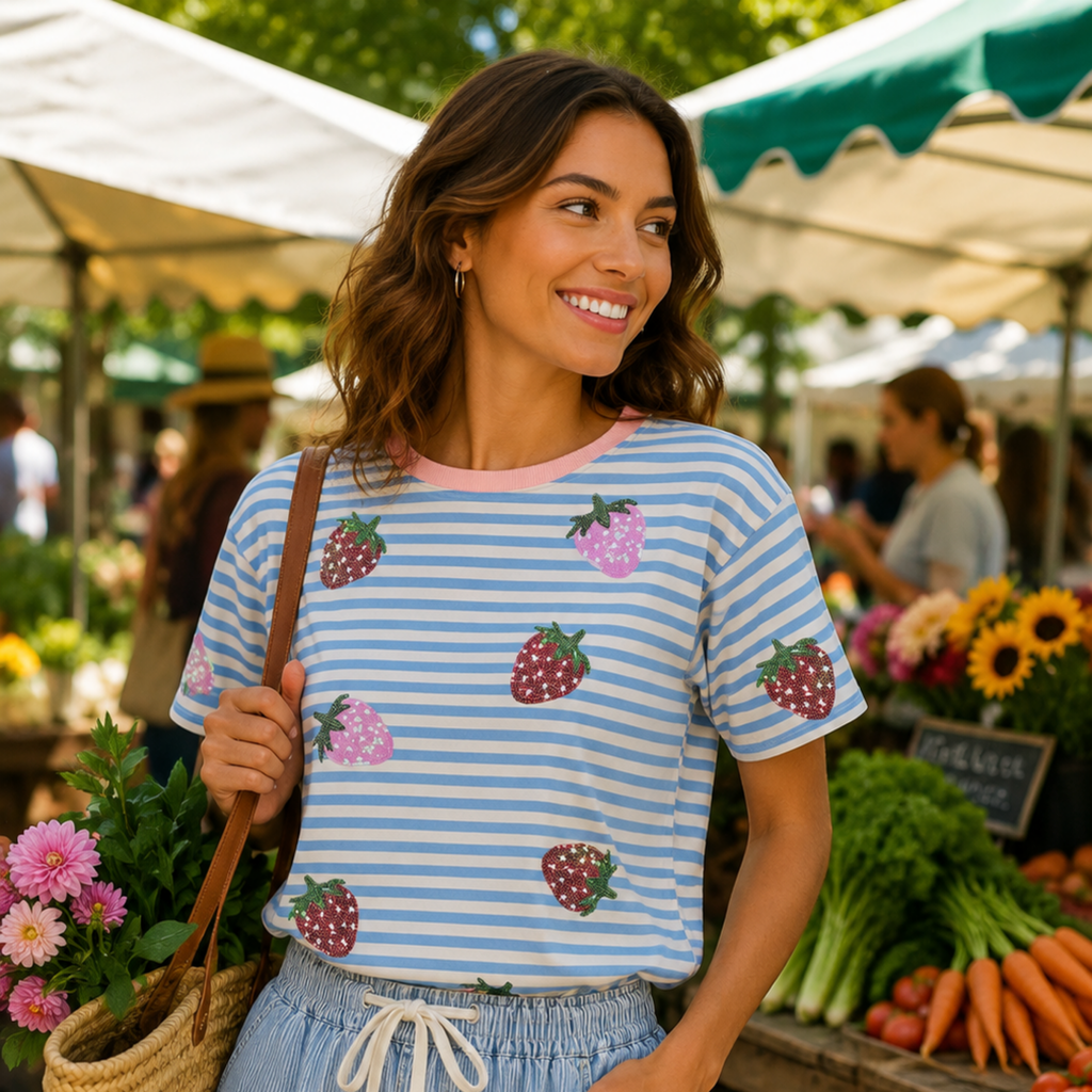 Sky Blue Stripe Sequin Strawberry Contrast Trim Round Neck Tee