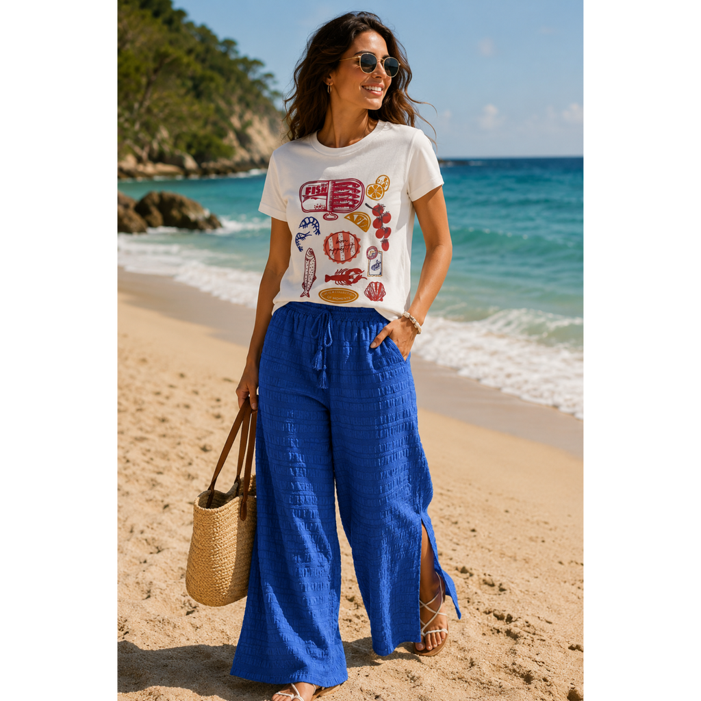 Dark Blue Textured Split Wide Leg Solid Pants