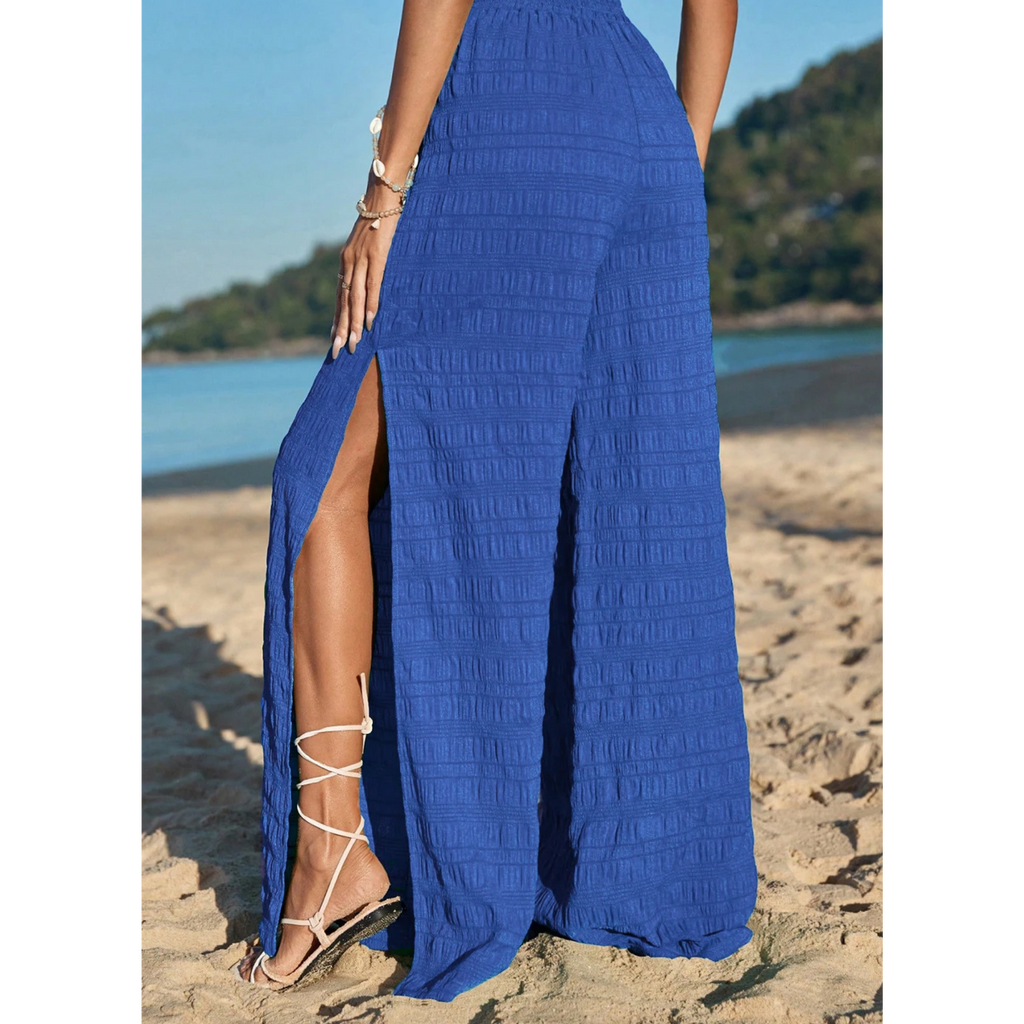 Dark Blue Textured Split Wide Leg Solid Pants