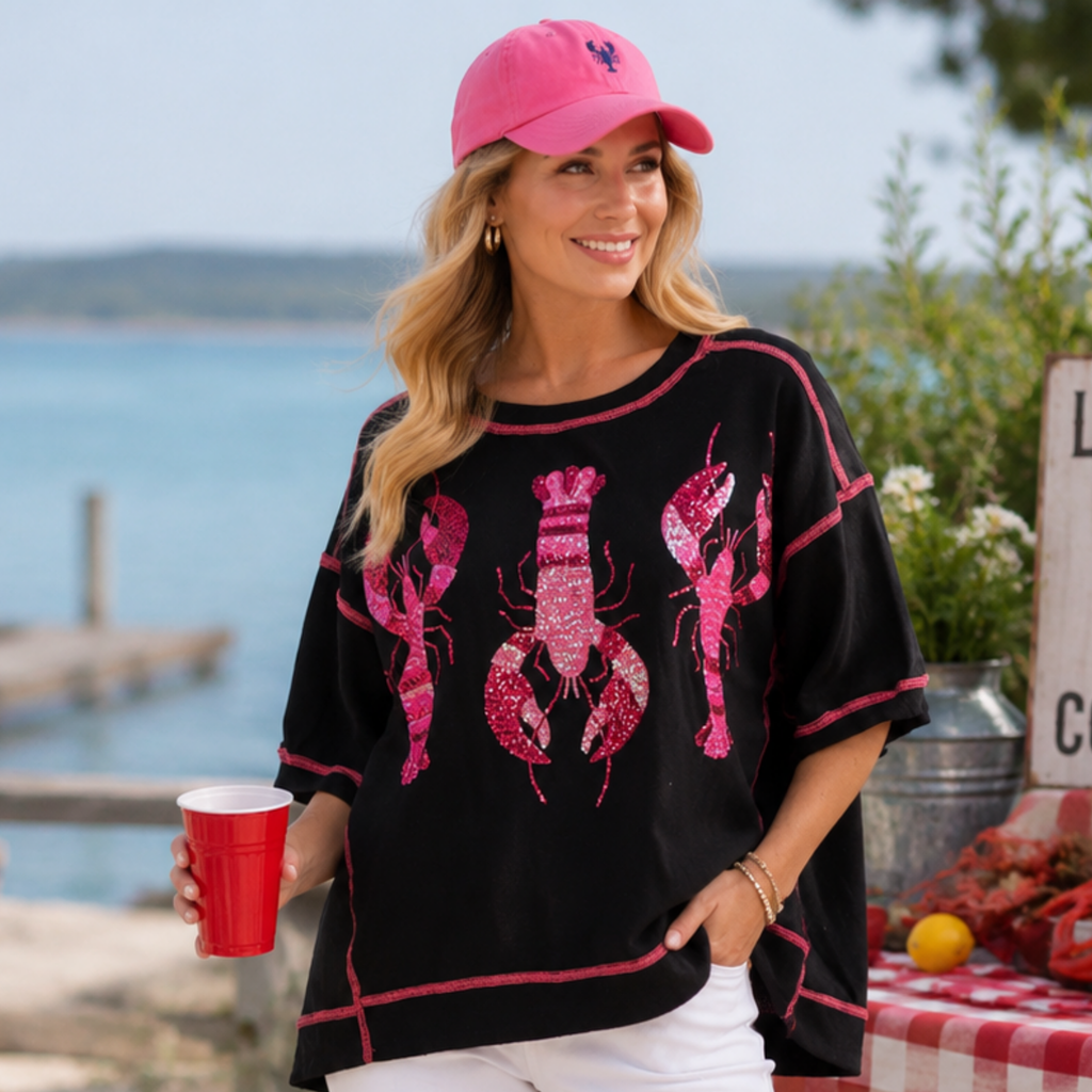 Women's Short Sleeve Sequins Lobster Graphic Oversized High Low T-Shirt