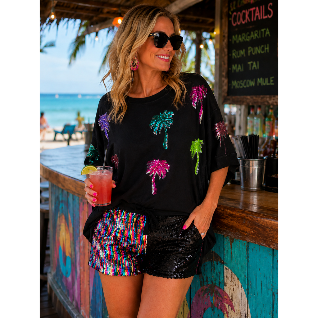 Women's Short Sleeve Sequins Palm Tree Graphic Oversized High Low T-Shirt