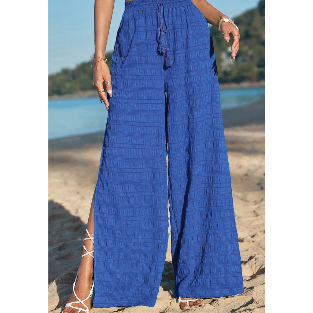 Dark Blue Textured Split Wide Leg Solid Pants